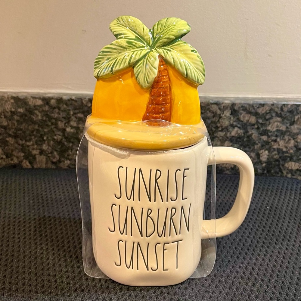Rae Dunn Sunrise Sunburn Sunset Mugs Cups W Palm Tree Lid Cover – Set of 2 New - Picture 3 of 8